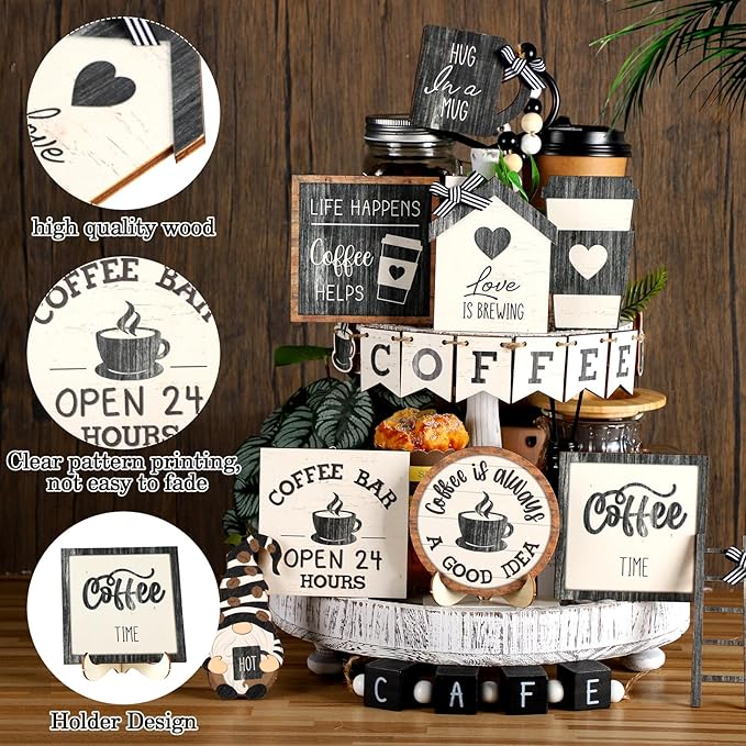 Mifoci 17 Pcs Coffee Tiered Tray Decorations Wooden Coffee Bar Decor Farmhouse Bar Accessories Gnome Wooden Table Sign for Table Kitchen Winter Valentines Gift