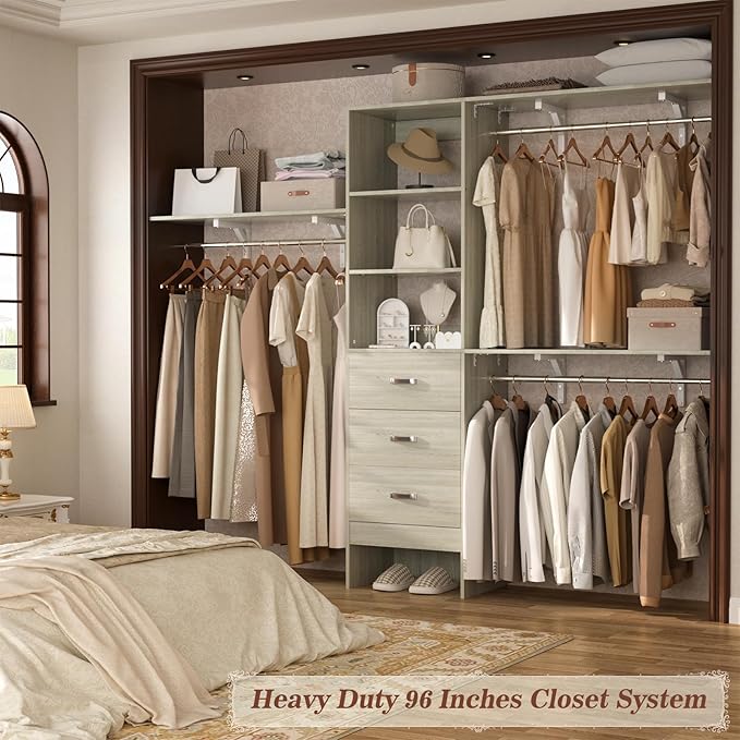 8FT Closet System, 96'' Closet Organizer System with 3 Hanging Rods, Wall Mount Bedroom Wardrobe with 3 Drawers Walk-in Closet, Adjustable Garment Rack from 5 to 8FT(Cut to Fit), White Oak