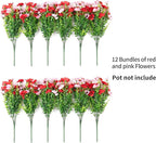Artificial Fake Mums Flowers for Outdoor Spring Summer Decor, 12 Bundles Faux Silk Plants Daisy for Planter Pot Colorful UV Resistant Look Real for Front Door Porch Patio Outside Yard(Red Pink)
