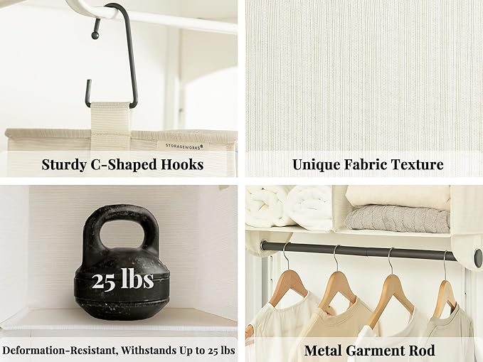 StorageWorks Hanging Closet Organizer with Metal Rod, 6-Section Closet Organizers and Storage, Collapsible Hanging Shelves for Baby Clothes, Shoes, Sweater Storage, Ivory and White