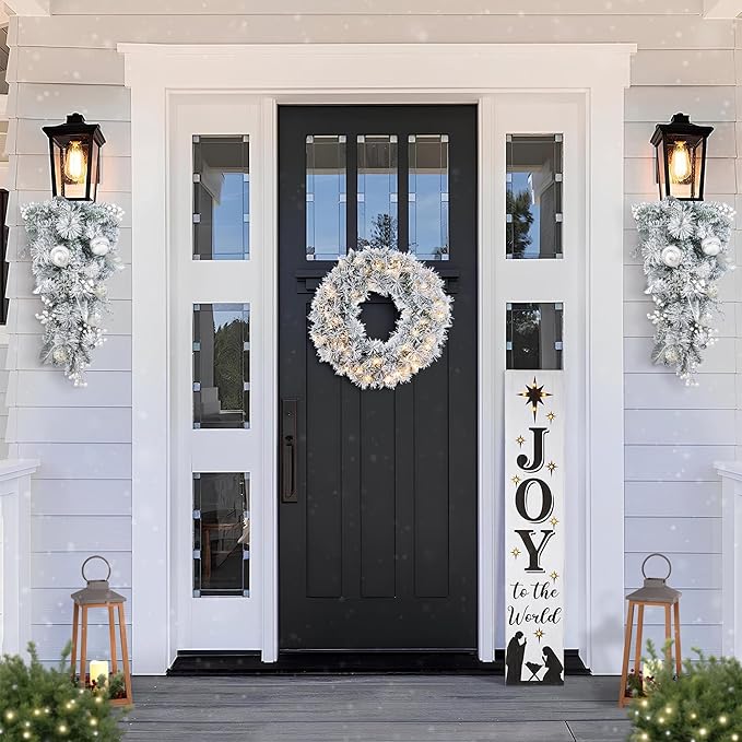 Glitzhome Silver White Christmas Teardrop Swag, 30 Inch Frosted Berry Ornament Garland Indoor Holiday Elegant Door Hanging Display with Ring for Fireplace Mantle Staircase Entryway