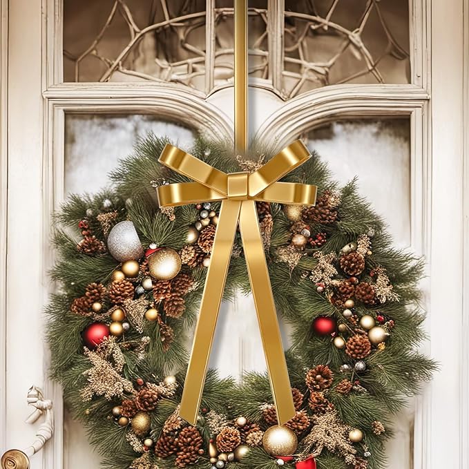 2 Pack Christmas Wreath Hangers for Front Door Christmas Decoration Metal Bow Door Wreath Hanger Front Gold Bow Garland Hooks Hanging Welcome Sign for Xmas Halloween Fall Decorations