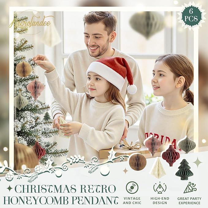 NICROLANDEE Christmas Party Decorations - 6 PCS 3D Mini Glitter Edge Paper Honeycomb Lantern Green, Red, Brown, Ivory, Gray Hanging Ornaments for Christmas Tree Décor, New Years Party, Home Decor