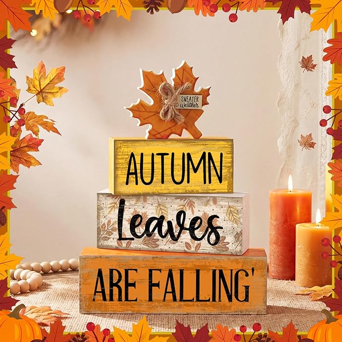 Lineshading 4 Pcs Fall Decoration for Home Wooden Maple Leaf Thanksgiving Table Centerpiece Rustic Thanksgiving Tiered Tray Decor Decorative Autumn Leaves Block Sign Farmhouse Autumn Decor for Kitchen