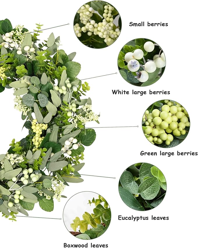 Vlorart 24-26 Inch Artificial Spring Summer Greenery Christmas Wreaths for Front Door Green Eucalyptus Leaf Wreath Decor Boxwood with Big Berries for Farmhouse Outside Year Round