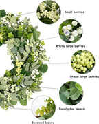 Vlorart 24-26 Inch Artificial Spring Summer Greenery Christmas Wreaths for Front Door Green Eucalyptus Leaf Wreath Decor Boxwood with Big Berries for Farmhouse Outside Year Round