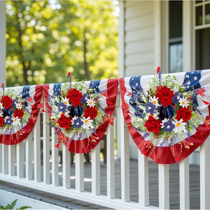 8 PCS Mini Patriotic American Cabinet Wreaths Small Red White and Blue Floral Wreath for Front Door with Ribbon Roses Daisy Forsythia July Independence Day Hanging Wreath for Porch Wall Window Decor