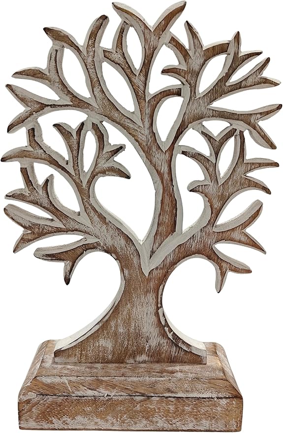 VANIYA CRAFTS® Wooden Tree of Life Decor – Handmade Carved Sculpture Statue for Home Decor, Living Room, Bedroom, Office Desk, or Shelf Display (Antique White)