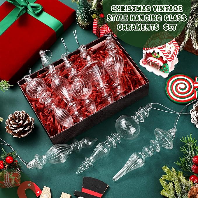 Mifoci 8 Pcs 6 Inch Mercury Glass Finial Christmas Ornaments Hanging Christmas Finials Glass Ornaments Assorted Mercury Decor for Vintage Holiday Xmas Tree Decoration(Clear)