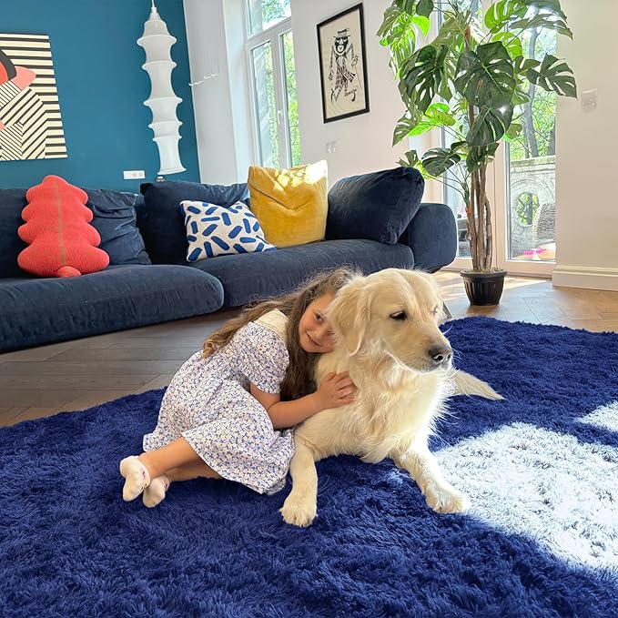 OLANLY 8x8 Machine Washable Large Area Rugs for Living Room, Bedroom, Soft Fluffy Shaggy Bedside Rug, Indoor Floor Carpet for Kids Girls and Boys, Dorms, Nursery, Home Decor Aesthetic, Navy Blue
