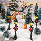 16 PCS Christmas Figurine Village Accessories, Mini Street Light Models with Brush Trees, Miniature Christmas Pathway Street Lamps Lantern Post for DIY Micro Landscape Fairy Garden