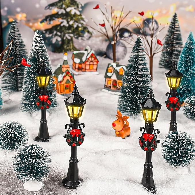 16 PCS Christmas Figurine Village Accessories, Mini Street Light Models with Brush Trees, Miniature Christmas Pathway Street Lamps Lantern Post for DIY Micro Landscape Fairy Garden