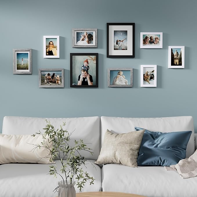 Vittanly Picture Frames Set of 10, Picture Frames Collage Wall Decor with Two 8x10, Four 5x7, and Four 4x6 Photo Frames, Gallery Wall Frame Set for Wall or Tabletop Display, Black, Grey and White