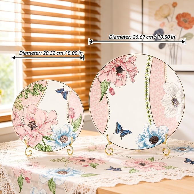 KAMMAK Ceramic Decorative Plate Set of 2, Porcelain Plates for Kitchen Dining Room Wine Cabinet Home Decor, Vintage Collector Plates with 2 Display Stand, Pink (8-inch + 10.5-inch)