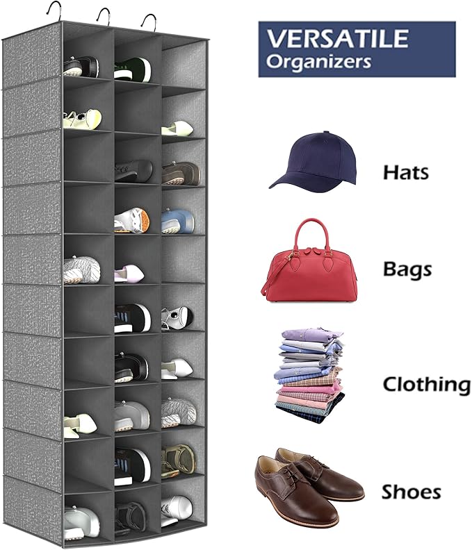 coastal rose Hanging Shoe Organizer for Closet, 30 Sections Hanging Closet Organizers and Storage Shelves Space Saving Shoe Rack Holder Hanger, Grey, 17''W×11.5''Dx 48''H