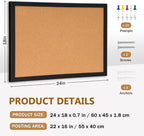 DOLLAR BOSS Cork Board for Wall 24" x 18" Bulletin Board for Wall with Black Wood Frame, Picture Display Pin Broad Vision Board for Office Home School Room Decorative Hanging 10 Pushpins