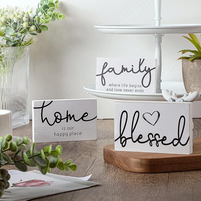 Jetec 3 Pcs Family Home Blessed Rustic Wood Sign Mini Wood Decorative Farmhouse Woodworks Table Shelves Decorations Sign for Bedroom Kitchen Living Room Table Decor(White,4.25 x 2.76 x 0.59 in)