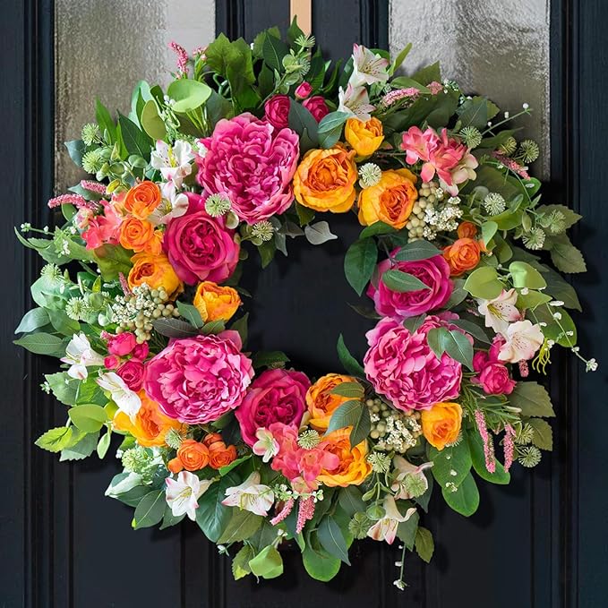 24 Inch Spring Wreaths for Front Door Outside,Handcrafted Garden Rose & Peony Style Summer Wreath with Pink,Orange Ivory Flowers- Lush Spring Door Wreath for Farmhouse Home Wall Porch Window