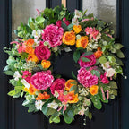 24 Inch Spring Wreaths for Front Door Outside,Handcrafted Garden Rose & Peony Style Summer Wreath with Pink,Orange Ivory Flowers- Lush Spring Door Wreath for Farmhouse Home Wall Porch Window