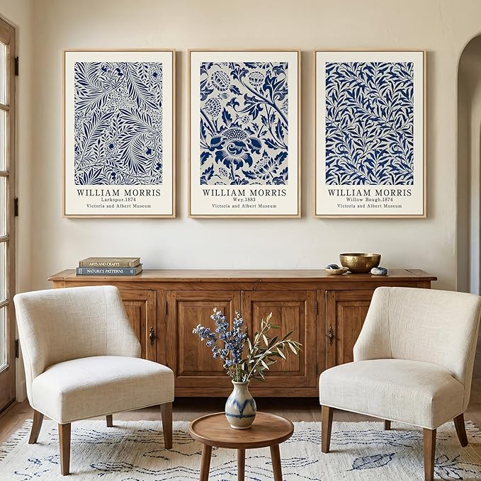 Large Framed Blue William Morris Wall Art Set of 3, Vintage Botanical Floral Canvas Wall Decor Painting, Retro Farmhouse Artwork Prints for Living Room, Bedroom, Hallway, Office, 24x36 Inch