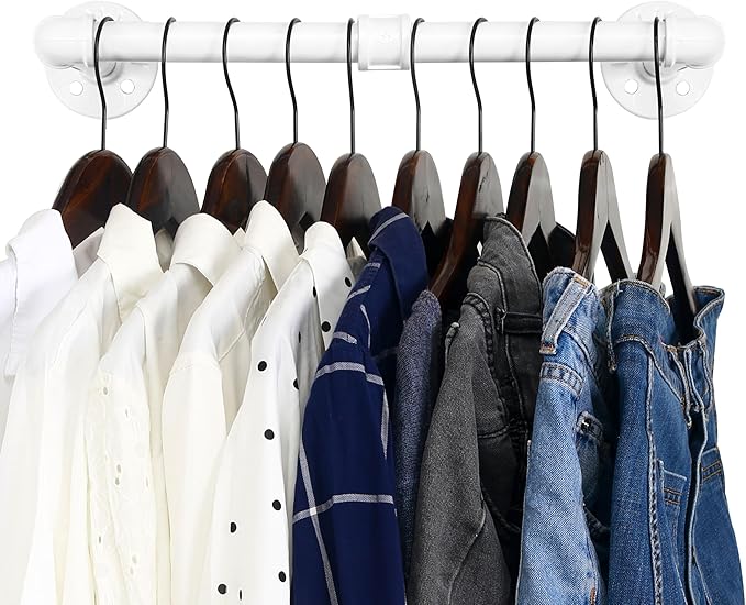 WEBI Clothing Rack Wall Mount,20" Industrial Pipe Clothes Rack for Hanging Clothes,Heavy Duty Iron Garment Rack Bar,Retail Display Clothes Rod for Closet,Laundry Room,White,2 Packs