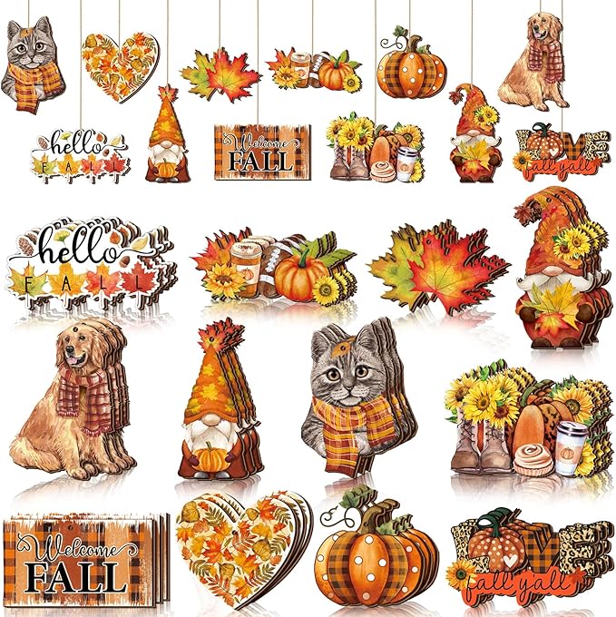 Sintuff 36 Pieces Fall Tree Ornaments Thanksgiving Wooden Hangings Decorations for Small Tree Harvest Vintage Pumpkin Gnome Maple Leaf Party Wood Hanging Sign Fall Autumn Home Party Supplies