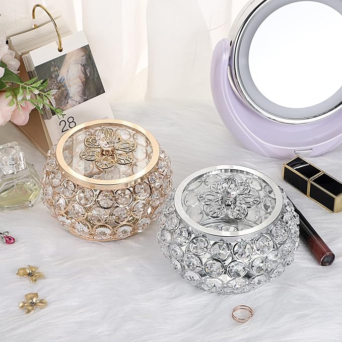 Hipiwe Crystal Jewelry Trinket Box with Glass Lid Gold Mirrored Treasure Box Decorative Jewelry Box Ring Earrings Necklace Storage Keepsake Box Gift for Women