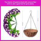 Artificial Hanging Flowers 12 inch Basket, Faux Silk Petunias Flower Arrangement,Coconut Lining Pot Planter with Morning Glories Patio Garden Porch Deck Spring Summer Decor(Purple Edge)