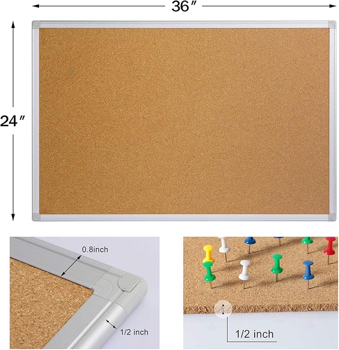 2-Pack Cork Board Bulletin Board 24 x 36, Silver Aluminium Framed 2x3 Corkboard, Office Board for Wall Cork, Large Wall Mounted Notice Pin Board
