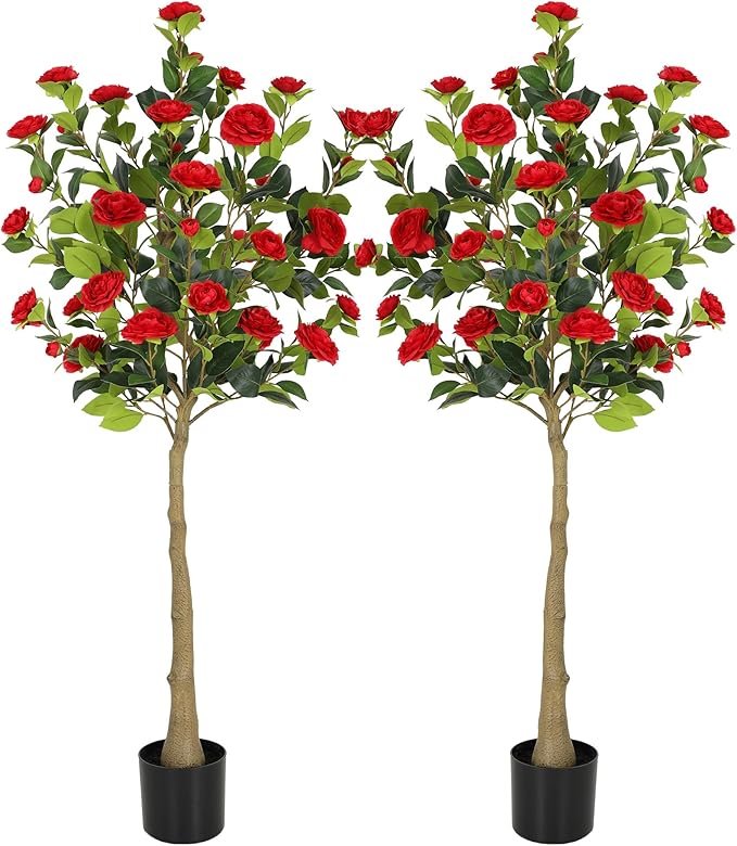 Bellacat 5ft Artificial Camellia Tree with Silk Red Flowers, 60in Faux Camellia Plant with Lifelike Trunk, Fake Flower Tree Potted Front Door Plants for Porch Patio Deck Living Room Decor, 2Pack