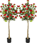Bellacat 5ft Artificial Camellia Tree with Silk Red Flowers, 60in Faux Camellia Plant with Lifelike Trunk, Fake Flower Tree Potted Front Door Plants for Porch Patio Deck Living Room Decor, 2Pack