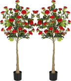 Bellacat 5ft Artificial Camellia Tree with Silk Red Flowers, 60in Faux Camellia Plant with Lifelike Trunk, Fake Flower Tree Potted Front Door Plants for Porch Patio Deck Living Room Decor, 2Pack