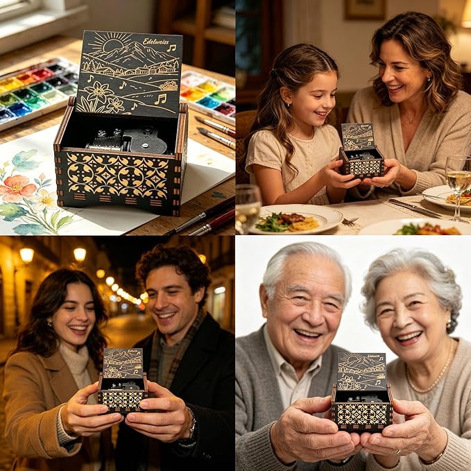 Pursuestar Edelweiss Wind Up Music Box, Vintage Engraved Wood Mechanism Musical Gifts for Birthday Mother's Day Valentine's Day Christmas Thanksgiving
