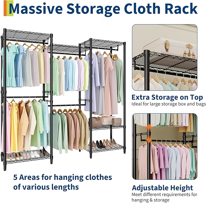 Heavy Duty Clothes Rack,Load 1433LBS Garment Rack Portable Closet,Free Standing Closet Organizers and storage with Adjustable Shelves, Hanging Rods, Dividable Black 76.5"H x 67.6"L x 15.5"W