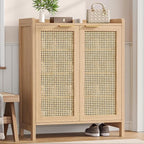 Rattan Shoe Storage Cabinet, 5-Tier Shoe Cabinet for Entryway, Wooden Shoe Rack Organizer with Doors and Adjustable Shelves, for Entryway, Hallway, Living Room, Natural Oak