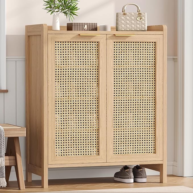 Rattan Shoe Storage Cabinet, 5-Tier Shoe Cabinet for Entryway, Wooden Shoe Rack Organizer with Doors and Adjustable Shelves, for Entryway, Hallway, Living Room, Natural Oak