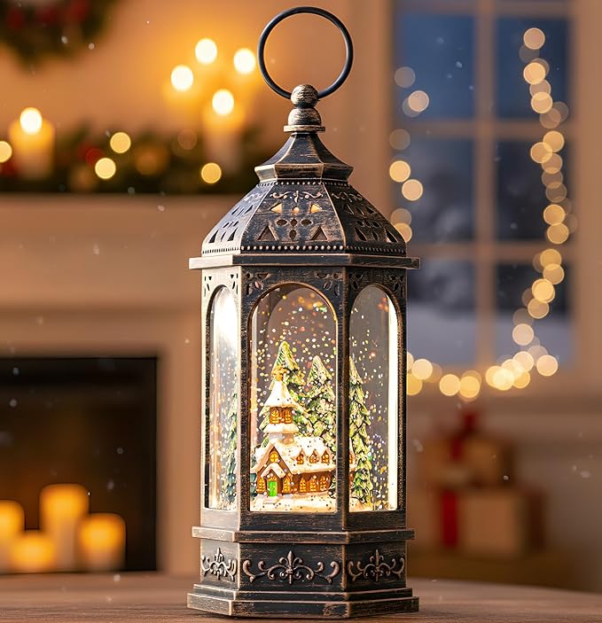 Christmas Snow Globe Lantern Lighted Holiday Village Church with Music& Timer, USB Lined/Battery Operated Lighted Lantern for Christmas Festival Decoration Gifts