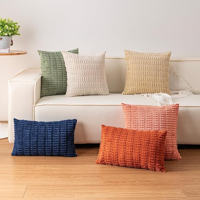 Aegero Pack of 2 Corduroy Decorative Throw Pillow Covers 20x20 Inch Soft Striped Pillow Covers Modern Farmhouse Home Decor for Sofa Living Room Couch Bed（Rose Red）