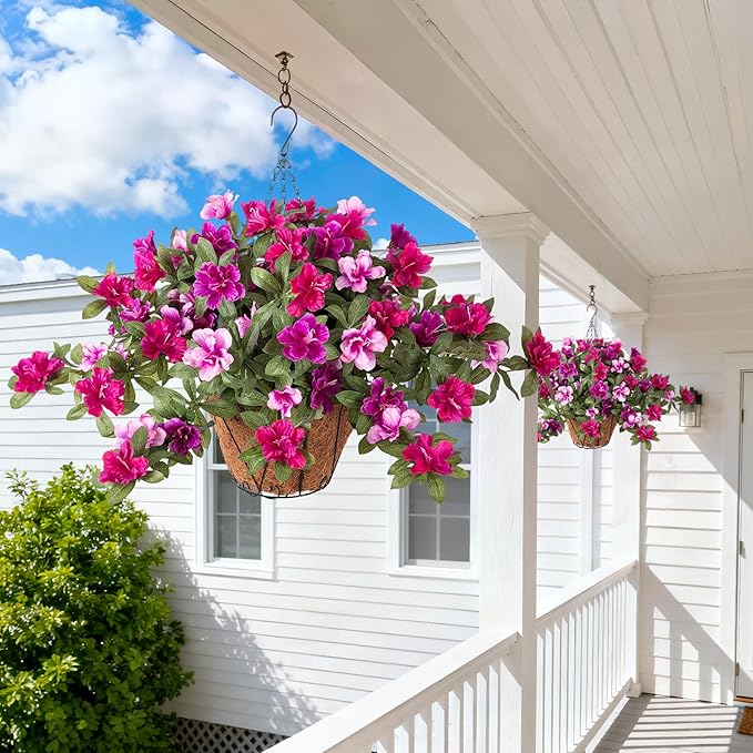 Artificial Hanging Flowers for Outdoors Hanging Baskets, 3 Pcs Fake Silk Flower with Hanging Baskets Planter for Spring Summer Garden Porch Patio Yard Outside Decor