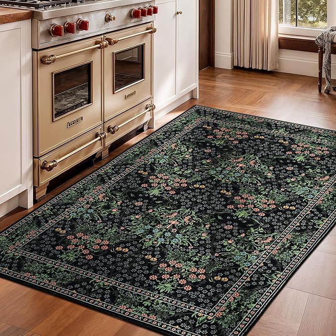 Lessymo Floral Black Green 3x5 Area Rugs for Entryway, Kitchen, Bedroom Beside Rug Soft Non-Slip Small Carpet for Living Room, Laundry Room, Vintage Distressed Boho Flower Print
