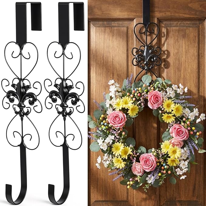 2 Pcs Wreath Hangers for Front Door Heavy Duty Metal Wreath Hook 15.5 Inch Door Hanger Elegant Design Decor Wreaths Hanger for Easter Christmas Indoor Outdoor (Black)