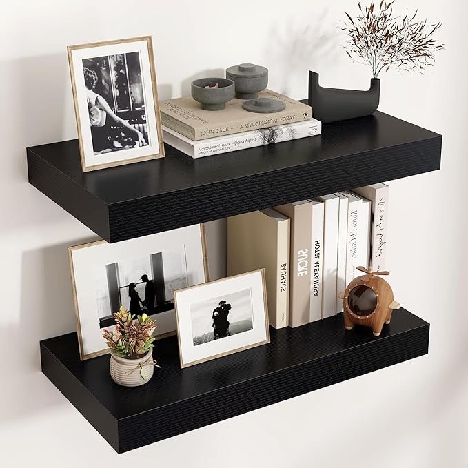 Venusmiles Floating Shelves for Wall, 24 Inch Wide x 12 Inch Deep Floating Shelves, Long Wood Floating Wall Shelf Shelves for Living Room Bathroom Bedroom Kitchen Home - (Black, 24" W x 12" D x 2" H)