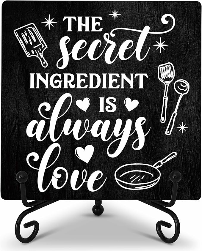 Kitchen Counter Decor, The Secret Ingredient Is Love Sign, Table Decorations for Dining Room, Farmhouse Kitchen Wooden Plaque with Iron Stand for Wall Shelf Decor-A04