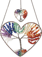 JOVIVI Double Heart Tree of Life Hanging Ornament 7 Chakra Reiki Healing Crystals Stones Gemstone Meditation Window Wall Hanger for Feng Shui Yoga Home Indoor Decor