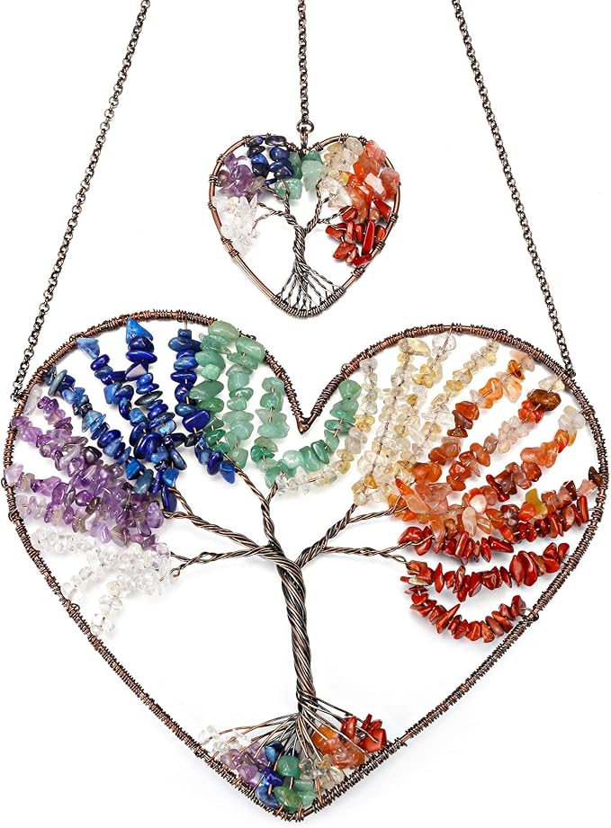 JOVIVI Double Heart Tree of Life Hanging Ornament 7 Chakra Reiki Healing Crystals Stones Gemstone Meditation Window Wall Hanger for Feng Shui Yoga Home Indoor Decor
