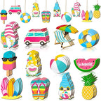 Geelin 36 Pcs Summer Wood Hanging Ornaments for Tree Mini Tree Decorations Hawaiian Beach Wooden Pendant Decorations with String for Luau Party Supplies(Cute Style)
