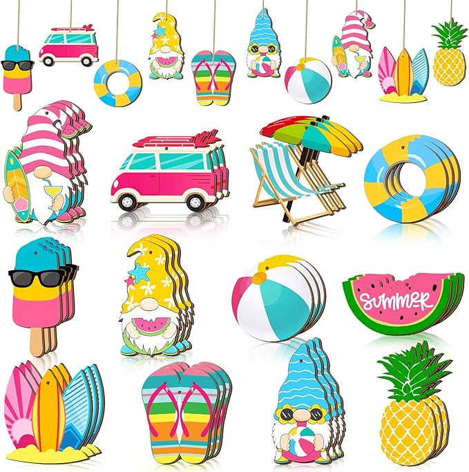 Geelin 36 Pcs Summer Wood Hanging Ornaments for Tree Mini Tree Decorations Hawaiian Beach Wooden Pendant Decorations with String for Luau Party Supplies(Cute Style)
