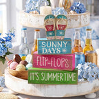Lineshading 4 Pcs Summer Table Decorations Wooden Flip-flop Stacked Block Decor, "Sunny Days It's Summertime" Signs with Beach Sandal Topper, Rustic Coastal Tiered Tray Decoration for Home Coffee Bar