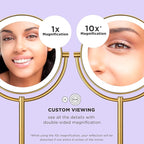 Conair Lighted Makeup Mirror, Double-Sided LED Vanity Mirror with 1X/10X Magnification, 3 Light Settings, 3 Modes, 360° Rotation, Brushed Brass Finish