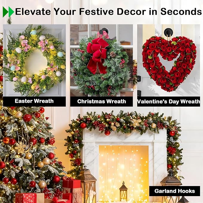 Black Wreath Hangers for Front Door Decor, 22LB Strong Suction Cup Garland Hooks for Christmas Easter Valentine Decorations, Wreath Door Hanger for Glass Window Indoor Outdoor, Reusable Garland Hanger